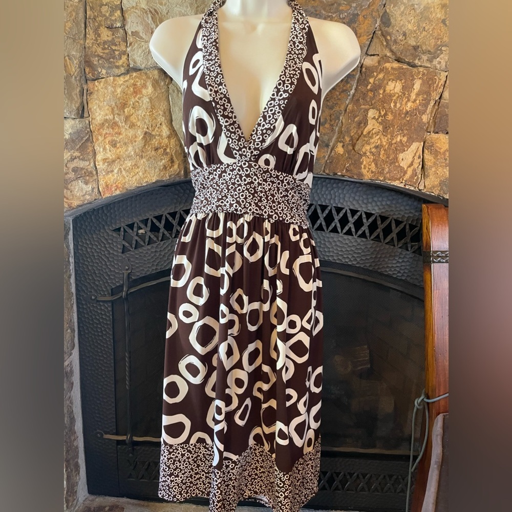 Maggy London Women's Size 12 Brown White Print Halter Dress Deep V Neck